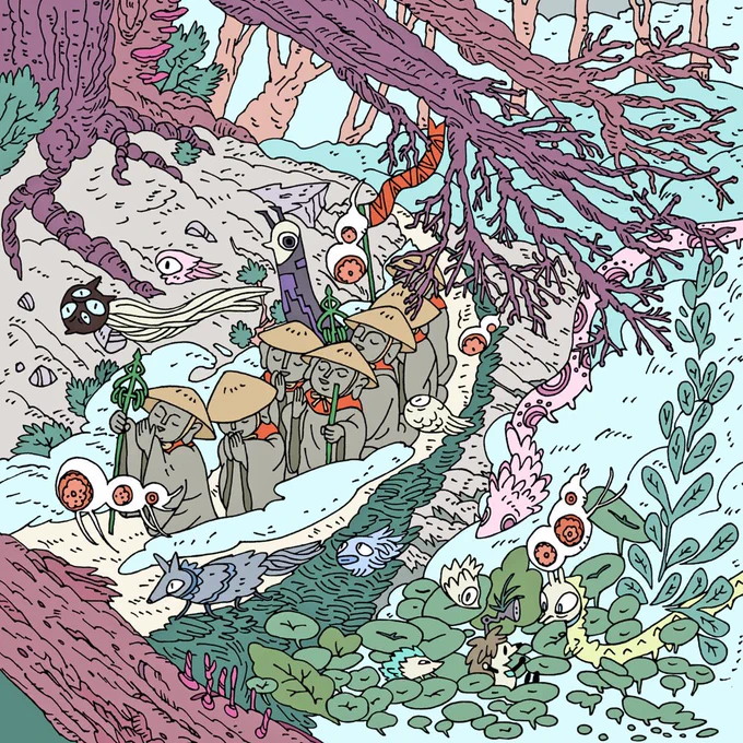 ー傘地蔵ー
もうすぐ年の瀬ですね…
傘地蔵はこの時期のお話なのでイラストを❄️
傘地蔵の他にもたくさんの不思議な生き物がいっぱい??

#昔話 #傘地蔵 #地蔵 #日本の民話 #民話 