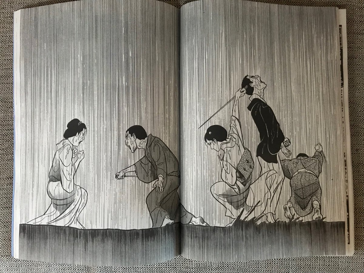 上村一夫オフィシャル A Twitter 本日発売の 修羅雪姫 修羅の決意編 では 雪の過酷な子供時代の話 そして激しさを増す復讐劇が繰り広げられます 憎きおこのに復讐を果たす雨の中の殺陣のシーンを大きな見開きページでご堪能下さい T Co L6jyptvbns