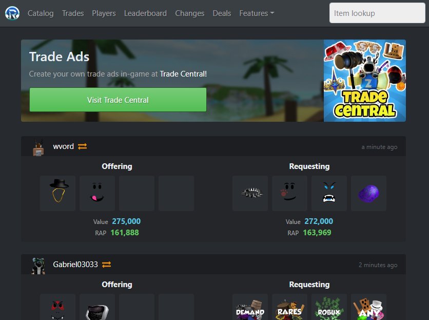 Rolimon On Twitter Tradedot Has Just Released Their New Trading Game Trade Central And It Has Some Integrations With Rolimon S Values Are From Rolimon S Trade Ads Created In Game Are Also - roblox trade central