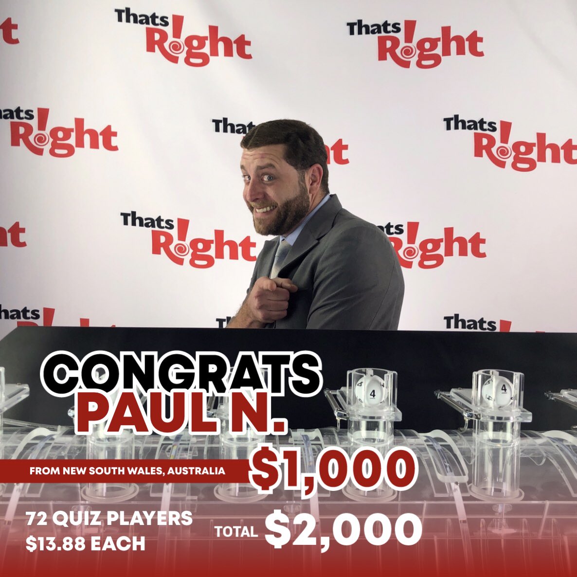 thatsright's tweet image. Wowzah! We have That’s Right fans all the way in Australia! Congratulations Paul N. from New South Wales on your $1000 win tonight! Also, shout out to 72 quiz players who made it through a push-on round and took home $13.88! See you tomorrow! 🎉
•
#ThatsRight #Free #money