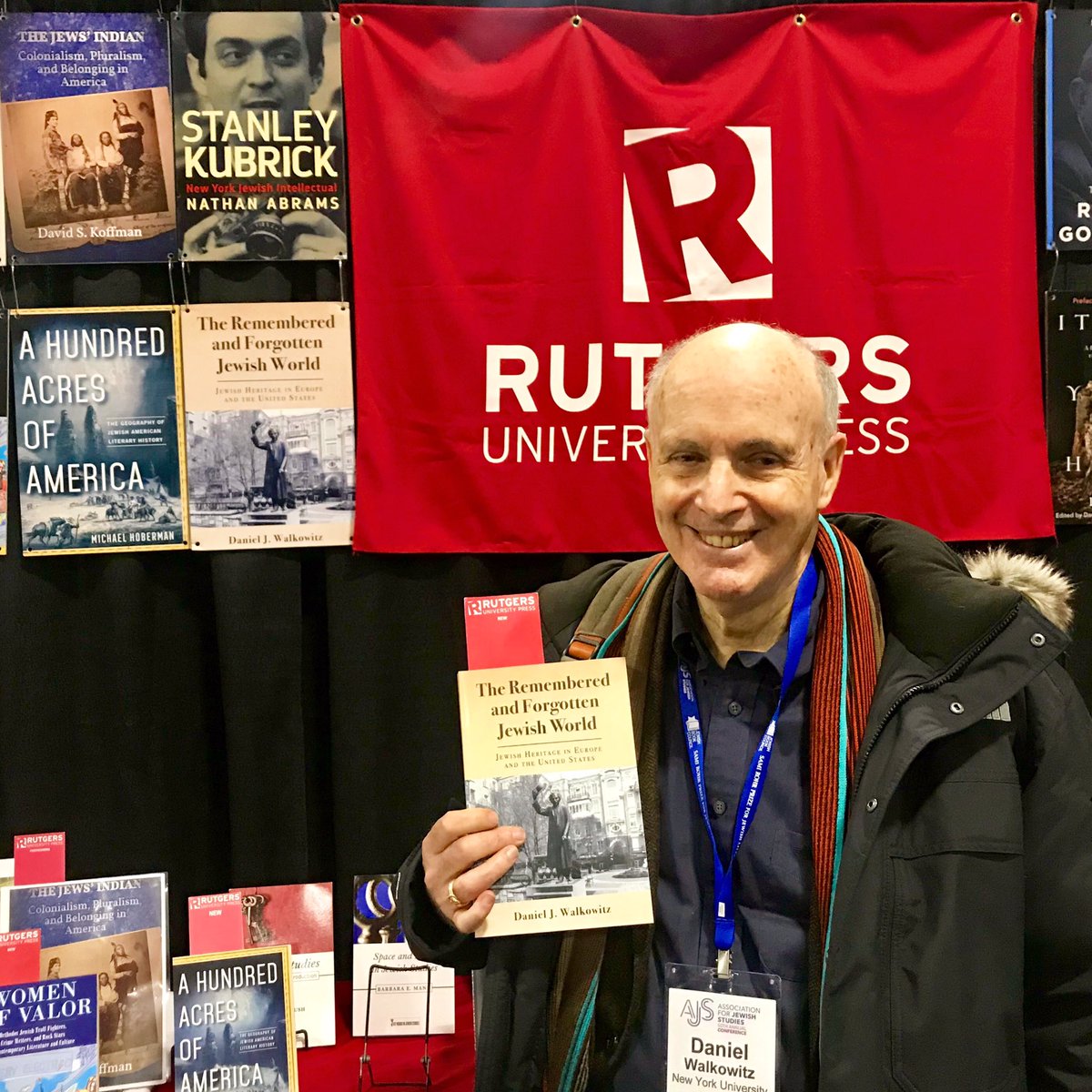 RutgersUPress's tweet photo. Not slowing down any time soon, world traveler Daniel J. Walkowitz stopped by with his new book, ‘The Remembered and Forgotten Jewish World’!
.
.
.
#heritage #europe #unitedstates #jewish #ASJ18 #boston #rutgers @jewish_studies @e_maselli @RutgersU https://t.co/tBmH4Ayjnh