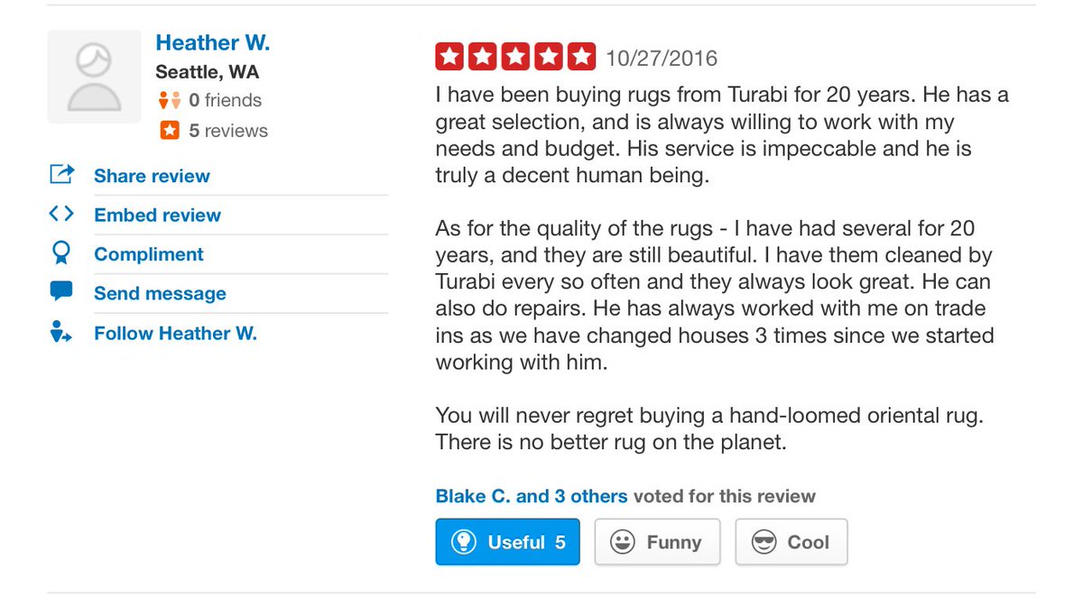 TurabiRug's tweet photo. Good comments from Yelp Platform related with 
@TurabiRug Services!
Thanx million for your unique comments!
#seattlerugs #seattlecarpets #HomeImprovement #seattlearchitecture #interiordesigner #ruggalleryinseattle https://t.co/WIhypdi108
