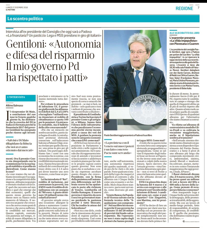 TschanzMF's tweet photo. Alle 18.30 con @PaoloGentiloni, Don Dante Carraro, Maria Cristina Piovesana e Stefano Solari per parlare di Veneto e Africa, impresa e immigrazione, salute e solidarietà contro paura, solitudine e populismo. #LasfidaIMpopulista. @Albinosalmaso https://t.co/4h0vsx2Tm2
