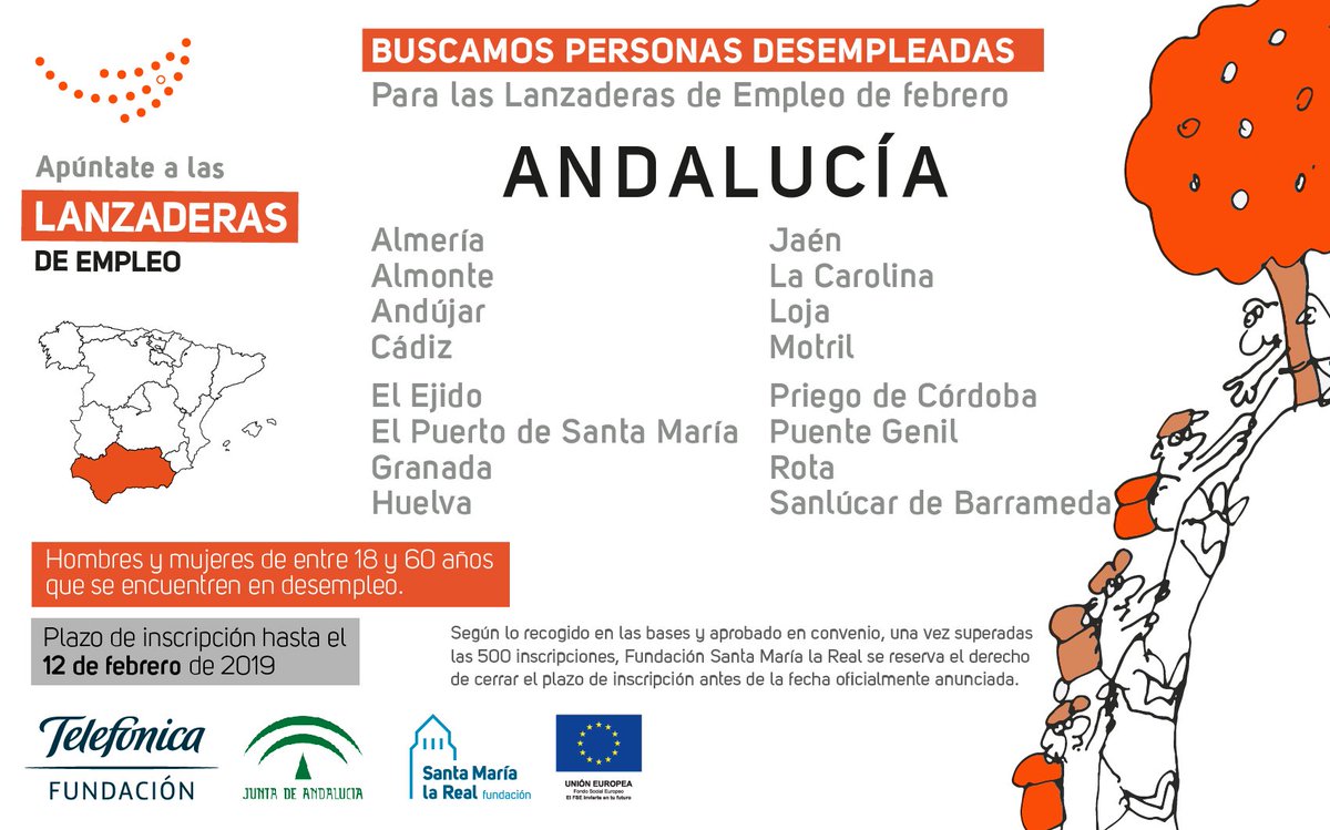 AreaEmpleoFSMLR's tweet photo. ¡Atent@s! Abierta la #inscripción para 16 #Lanzaderas que comenzarán en #febrero en #Andalucía. Buscamos personas en #desempleo (18-60 años) que quieran aprender como optimizar su búsqueda de #trabajo ¡Consulta aquí las localidades! 📲https://t.co/lThyMhGAOa https://t.co/fUn89mYDkh