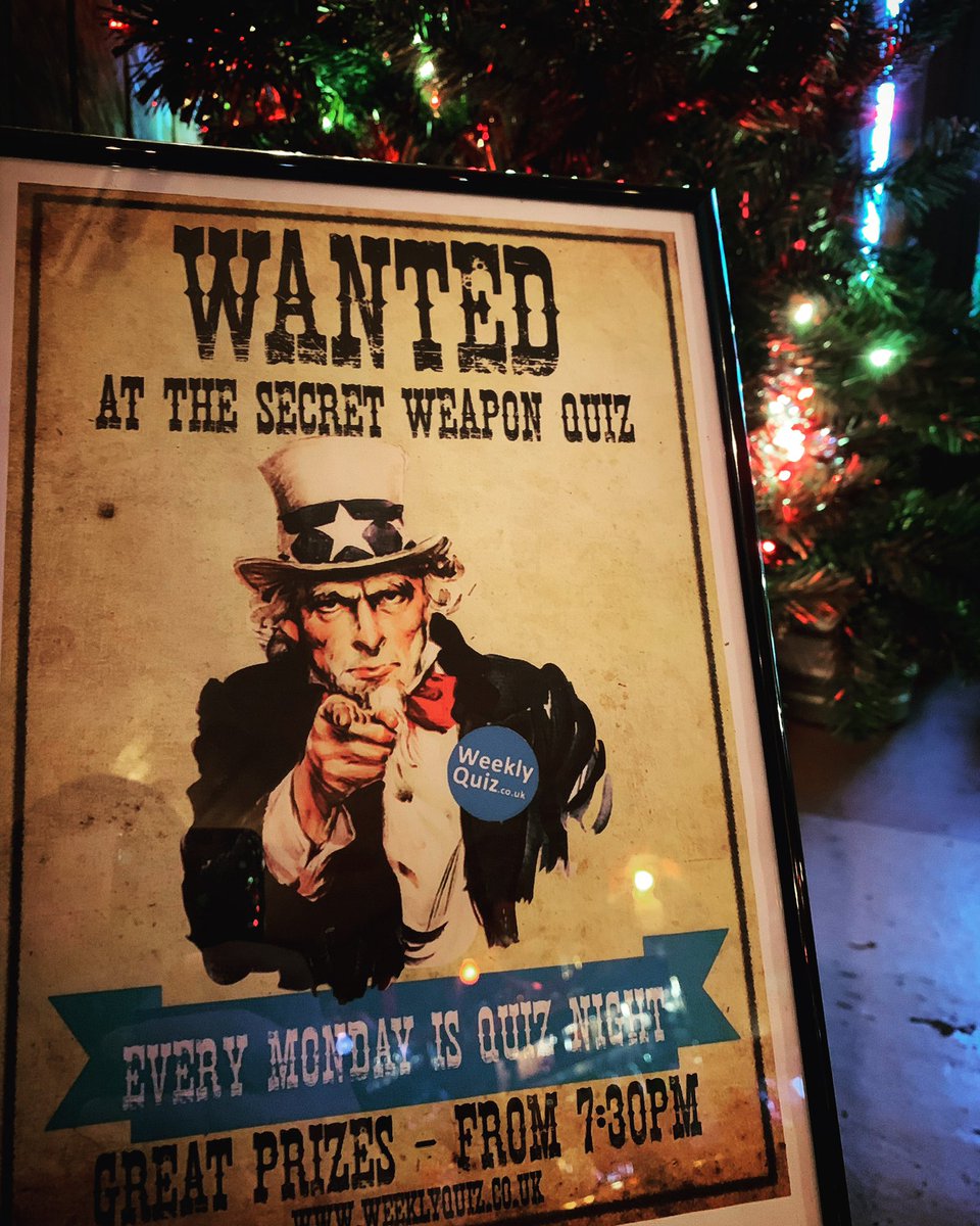 Final pub quiz of the year over at Secret Weapon tonight. Jumbo cash pot to be had from 7:30 plus drinks at the bar and a photo op with the sexy bar men #PubQuiz #weeklyquiz <a href="/WeeklyQuiz/">Weekly Quiz</a> <a href="/AnthonyBeavan/">Anthony Beavan</a>