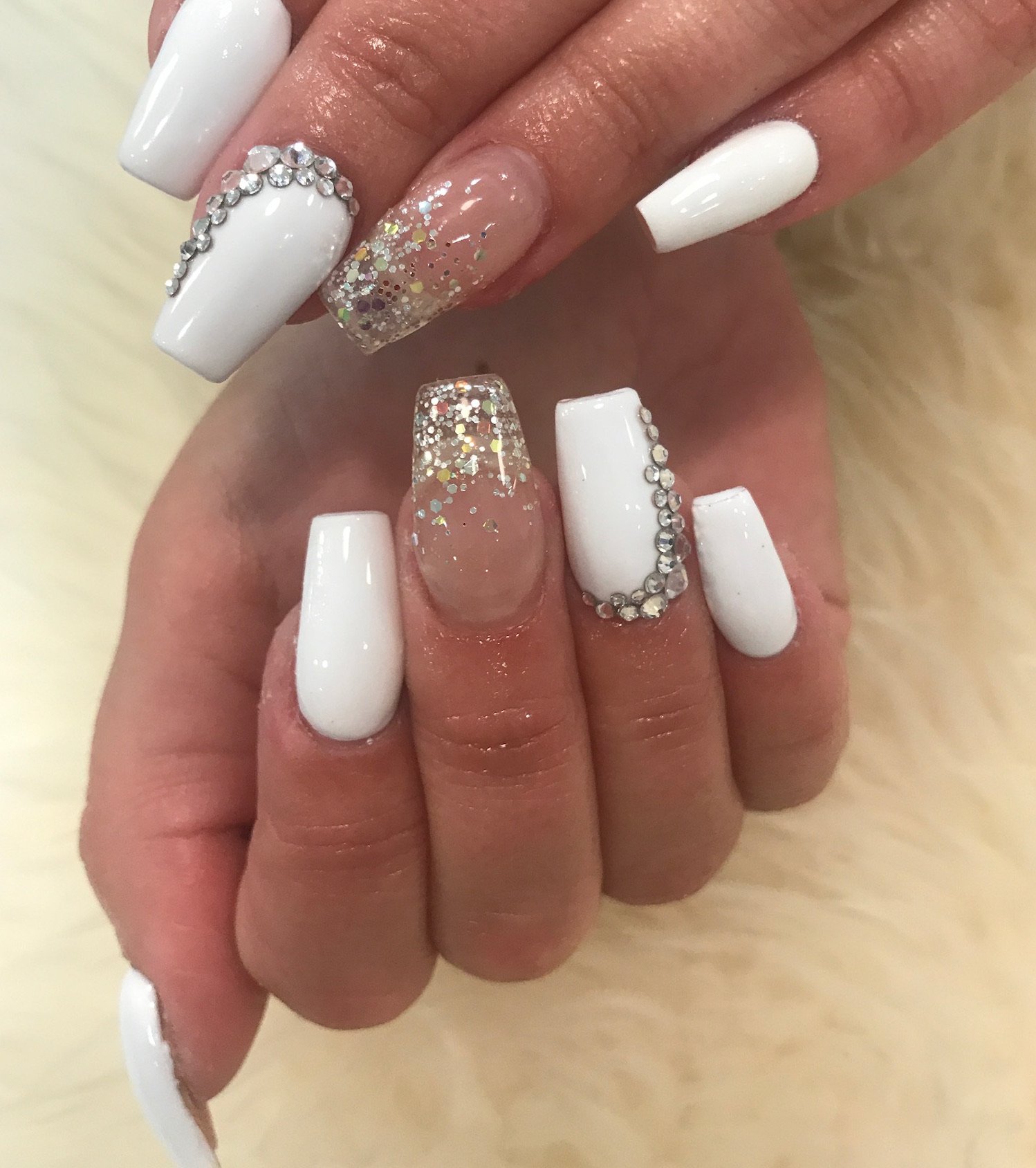 Coffin white sale nails with glitter