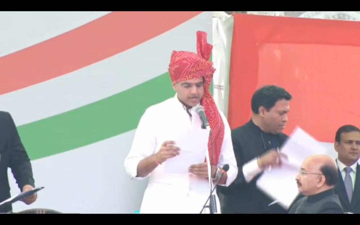 RajCMO's tweet photo. Shri @SachinPilot ji takes oath as Deputy Chief Minister of Rajasthan. #AbBadlegaRajasthan https://t.co/Y61bvbHHtk