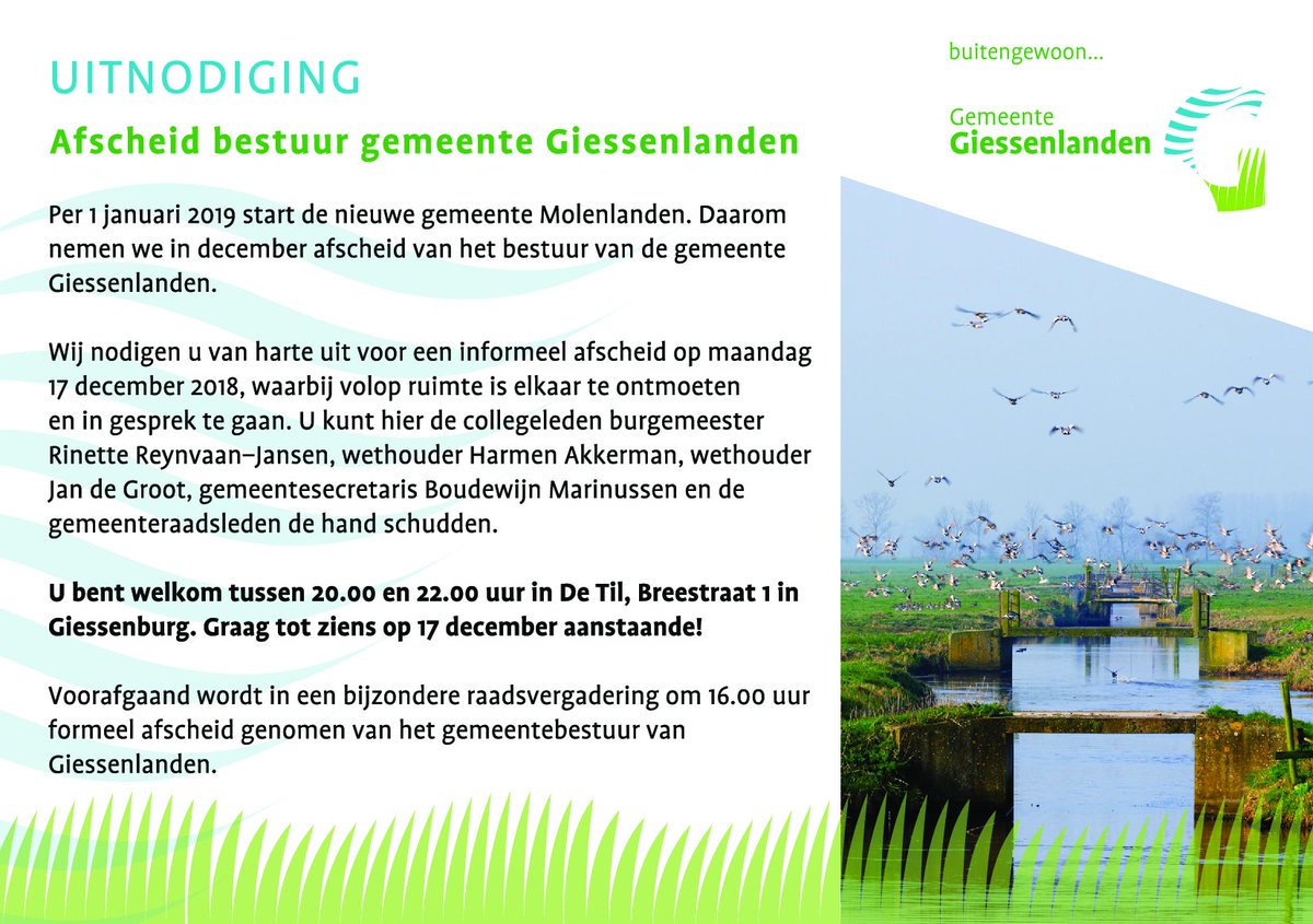 Vandaag is het dan zover! Het bestuursafscheid van de gemeente Giessenlanden. Er zal volop ruimte zijn om elkaar te ontmoeten en in gesprek te gaan. Je bent van harte welkom tussen 20.00 en 22.00 uur in De Til in Giessenburg.