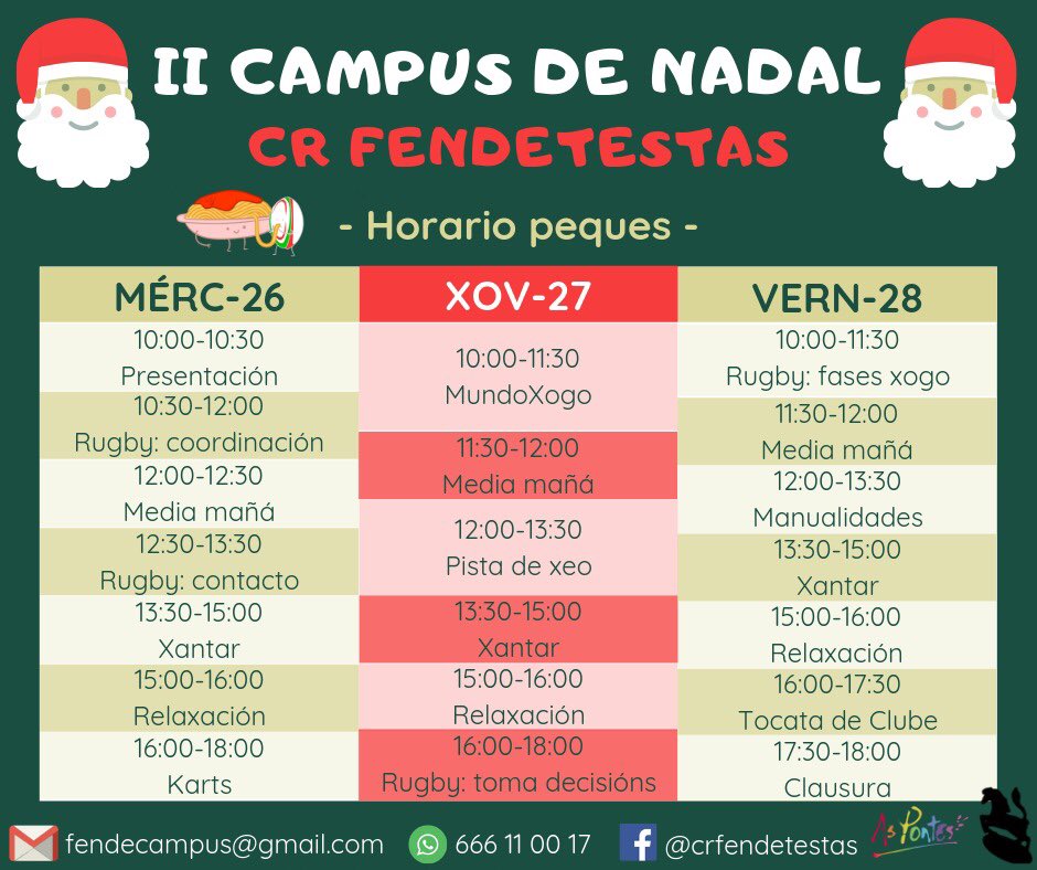 fendetestasrugb's tweet photo. ÚLTIMA SEMANA de inscrición no II CAMPUS DE NADAL CR FENDETESTAS!!
Se queda alguén con dúbidas, aquí vos traemos (case) todo o que temos preparado para esta edición... Que non é pouco, verdade? 😏
Nada máis e nada menos que os horarios deste #FendeNadal para peque e grandes ... https://t.co/hWKH62KImq