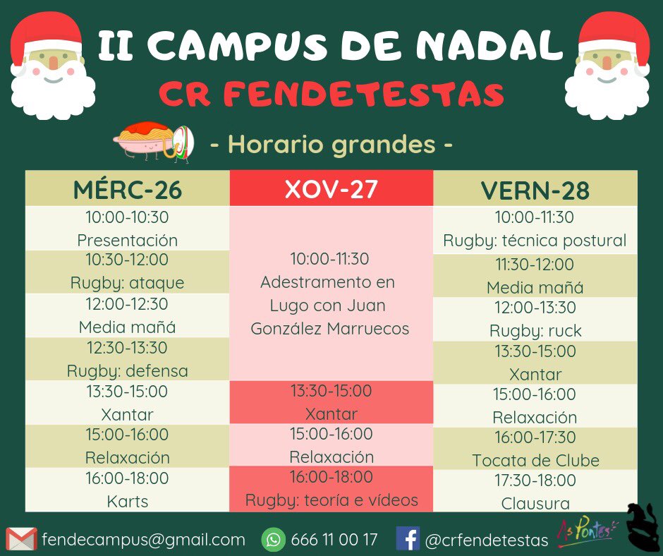fendetestasrugb's tweet photo. ÚLTIMA SEMANA de inscrición no II CAMPUS DE NADAL CR FENDETESTAS!!
Se queda alguén con dúbidas, aquí vos traemos (case) todo o que temos preparado para esta edición... Que non é pouco, verdade? 😏
Nada máis e nada menos que os horarios deste #FendeNadal para peque e grandes ... https://t.co/hWKH62KImq