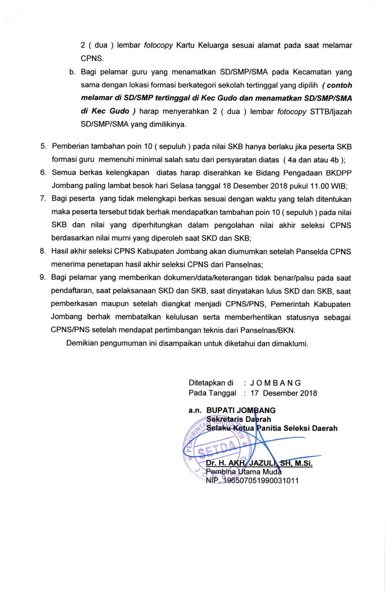 bkdppjombang's tweet photo. Surat KaBKN No 01/S/Tim Pengolahan/XII/2018 tanggal 14 Desember 2018 menyatakan akan ada penambahan 10 poin dites SKB jk peserta SKB memilih lokasi formasi yg termasuk kategori unit kerja tertinggal versi data Kemendikbud, Kemenkes dan Kemenag.
Lengkapnya.
https://t.co/8BApssbAh8 https://t.co/HOzskWq7yY