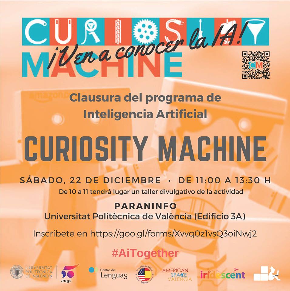 USembassyMadrid's tweet photo. Acércate al futuro: conoce la Inteligencia Artificial de la mano del proyecto de #IA para familias: #CuriosityMachine en el colabora la Embajada. Este sábado de 11:00 a 13:30 en @UPV Organizado por @empowertocode @UPV @IridescentLA con American Space Valencia #AIFAMILIES https://t.co/EgZQZ4O2BD