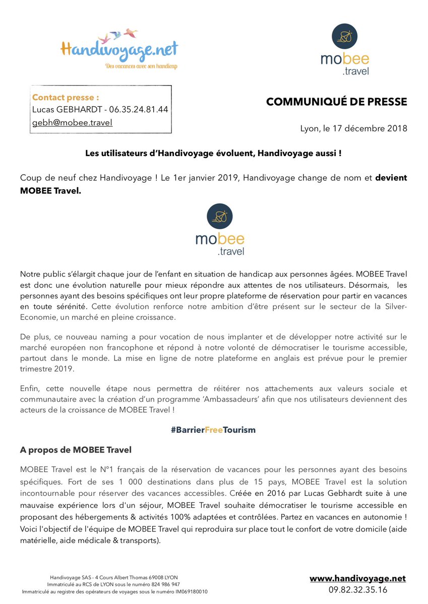 mobeetravel's tweet image. @handivoyage change de nom et devient MOBEE Travel à partir du 1er janvier 2019 ! 
Retrouvez ci-dessous notre communiqué de presse afin d'expliquer ce changement ! #BarrierFreeTourism @ronalpia @fond_Emergences @Manu_Incub @IAE_Lyon @IAEFRANCE