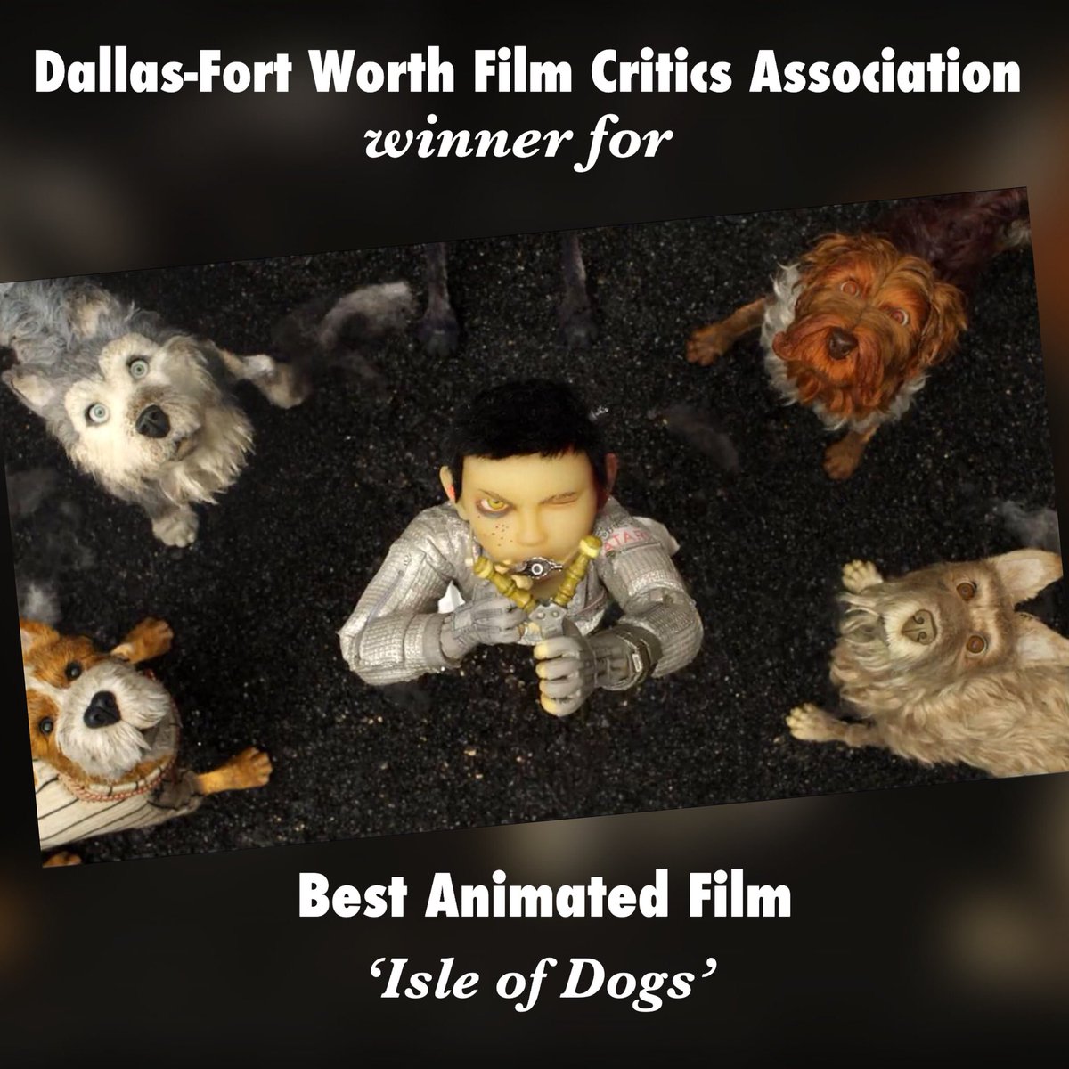 DFWFilmCritics's tweet photo. Best Animated Film goes to @isleofdogsmovie. #DFWFCAAwards https://t.co/PuA2TUmOmu