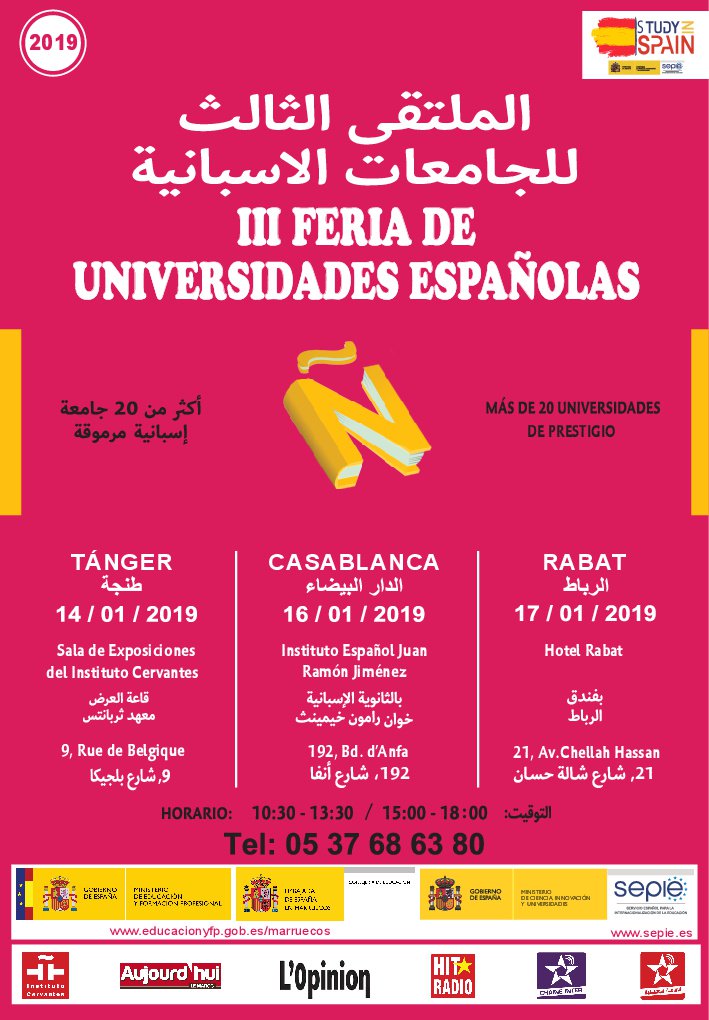 ConsejeriaEduc1's tweet photo. 📢Menos de 1 mes para la III Feria Estudiar en España🇪🇸 organizada por @sepiegob y @ConsejeriaEduc1 de @EmbEspanaRabat 
✅Más de 20 Universidades de prestigio

🗓️ 14 de enero  #Tánger 
🗓️ 16 de enero #Casablanca 
🗓️17 de enero  #Rabat

¡Si quieres @EstudiarEnEsp ven a visitarnos! https://t.co/8ggTbGNRZK