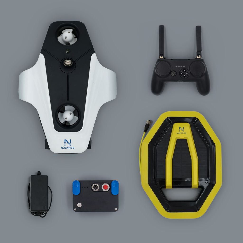 Navatics_Tech's tweet photo. Check out the photo below to see what comes with #Navatics MITO: one sleek #underwaterdrone, a waterproof communication buoy, 50 meters long neutral buoyant tether, remote controller that connects to your devices, charger and charging cable for all parts. https://t.co/KgLv2pAtJ0