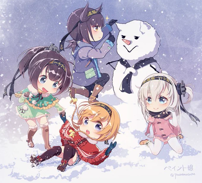 雪が降る季節の第六十一駆逐隊。新刊グッズに使うイラストです。たまにセクシーなイラストから可愛いデフォルトにもいいかな😊 