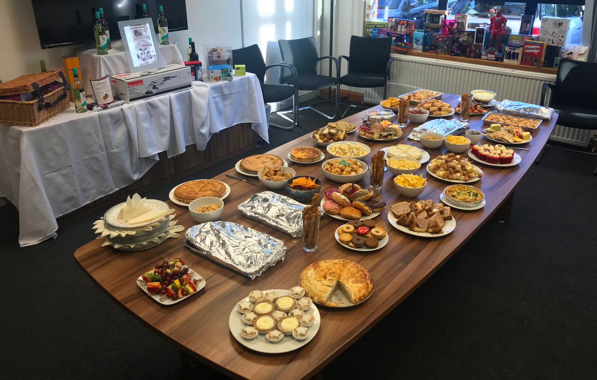 Tolentplc's tweet photo. It's lunchtime in the office but today we aren't having a normal lunch. Today we are supporting @metroradiouk's Mission Christmas by having our own buffet, donations and raffle. Massive thank you to @jamesburrellltd for Kindly donating the raffle prizes. https://t.co/7cKeUo64hB