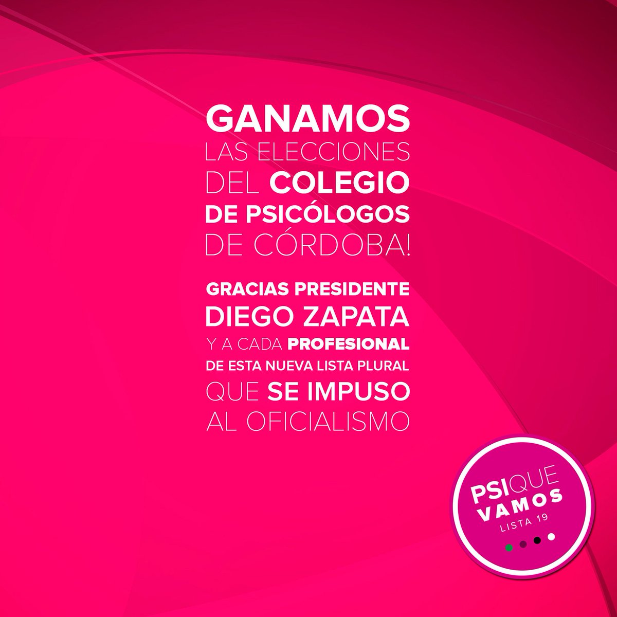 AlvaroADaje's tweet photo. Elecciones @CPsicologosCBA
Con estrategia y comunicación creativa... + trabajo, trabajo y mucho trabajo, la nueva lista "PSIque VAMOS! pudo ganar al oficialismo. 
Gracias x la confianza!
Felicito a mi gran equipo por el trabajo realizado. 💪 😉

#CampañasElectorales #Elecciones https://t.co/1aExTgTeVS