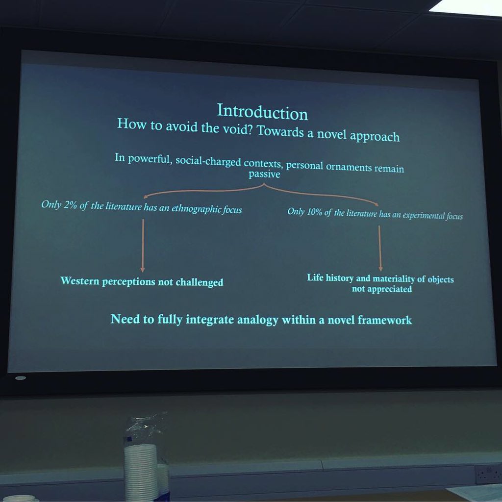 EmmaTollefsen's tweet photo. Izzy Wisher talking about her brilliant research on Palaeolithic Personal Ornaments. A Relational Approach to understand the process of making human/deer hybrid objects &amp; the meanings behind such meta-objects 🦌 #tag102 @DevaTag2018 #TAGDeva #TAG2018 #Chester #conference #phdlife https://t.co/TJeZ66WDdu
