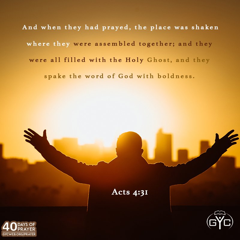 gycweb's tweet photo. Day 30: Prayer for boldness in sharing our faith
May we let Christ empty us of ourselves that we may be filled with the Holy Spirit, enabling us to speak with the boldness that comes from God.
#GYC40daysofprayer https://t.co/LLnm7YKKuR