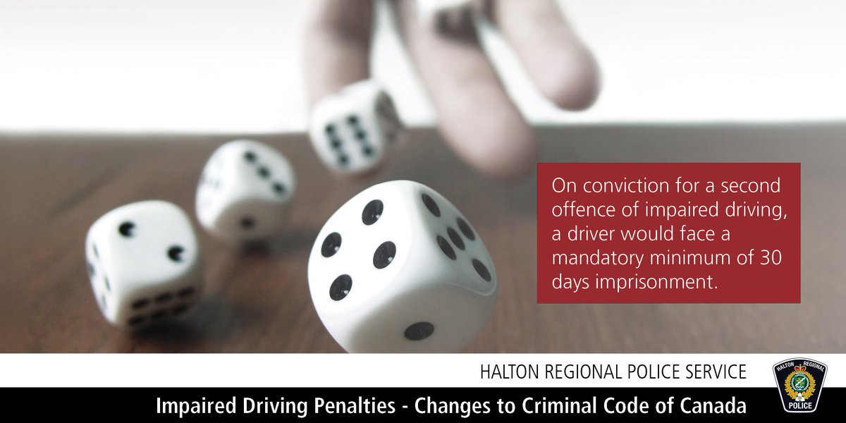 HaltonPolice's tweet photo. It is quite the gamble to drive while impaired, and even more of a gamble to do it repeatedly.

As of December 18, a driver convicted of impaired driving a second time (by drug and/or alcohol) will face a minimum of 30 days imprisonment. 

Details: https://t.co/kcNfZGxikK ^jh https://t.co/m3EC4odMdM