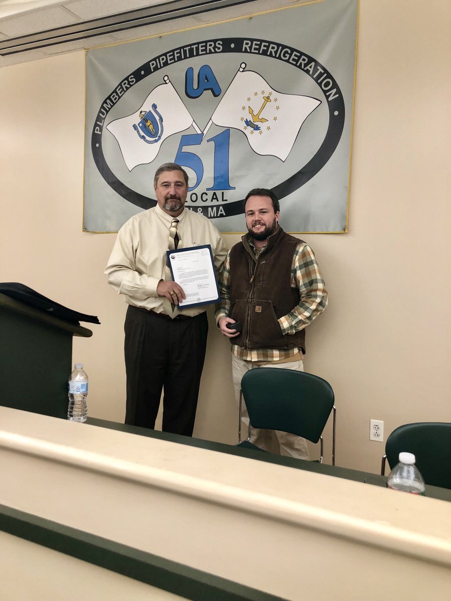 Business Manager Timothy Byrne presents Brian Westcott with a UA proclamation and Commemorative Ring for representing Local 51 and District 1 in the UA National Apprenticeship Competition. Great work!