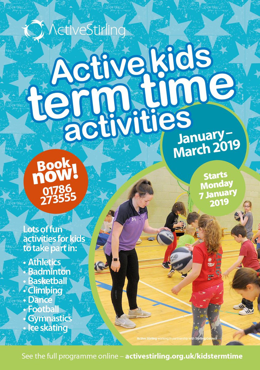 activestirling1's tweet photo. Our Active kids term time programme starts back Monday 7 January 2019. Choose from lots of activities including Athletics, Badminton, Climbing and Gymnastics.
See our full programme here – https://t.co/0WhoLbI8kX
To book call 01786 273555
@StirlingCouncil https://t.co/FHGEHBIrTb