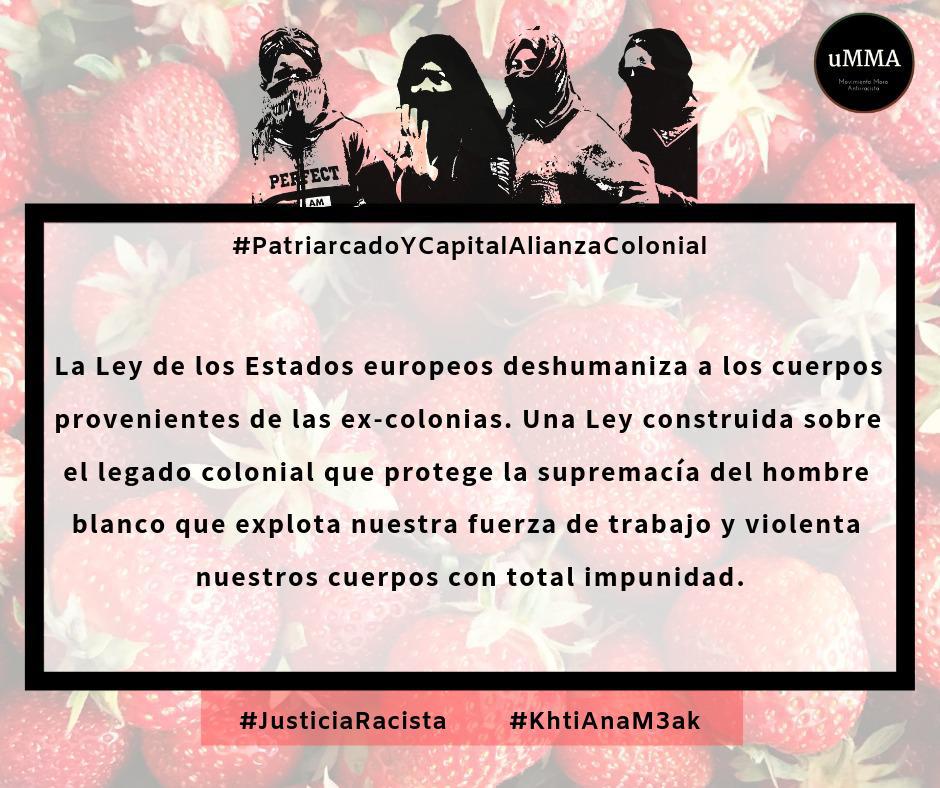 Salimos mañana 18-D en Madrid a la calle con nuestros hermanos manteros y por nuestras hermanas jornaleras en contra de la #JusticiaRacista. Las leyes de los estados europeos deshumanizan los cuerpos provenientes de las excolonias. #KhtiAnaM3ak #PatriarcadoYCapitalAlianzaColonial