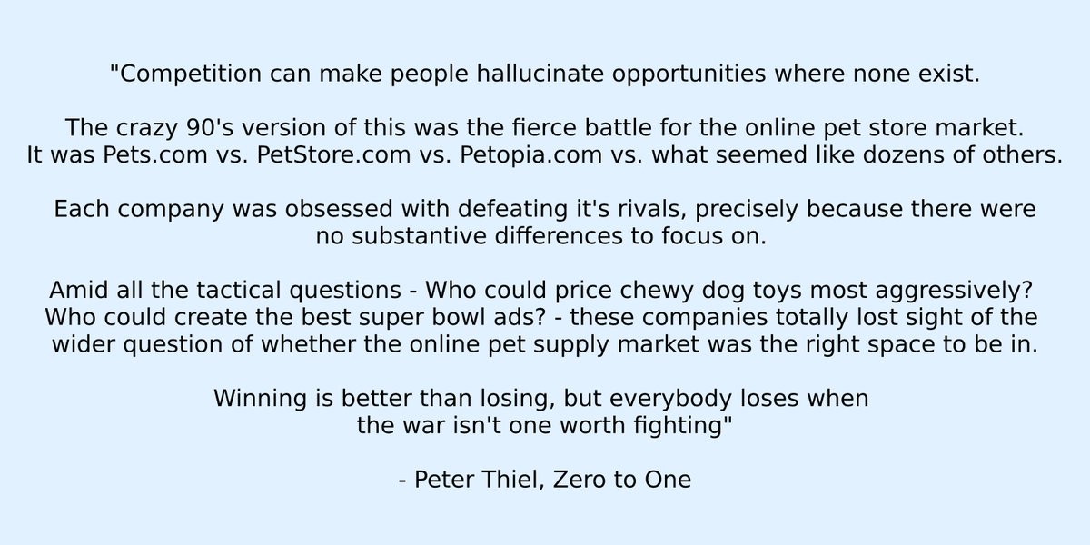 lordarcheron's tweet photo. Name your favorite #crypto project, and I can find 5 others trying to compete for the exact same prize.

Focus on winning, not competing against your rivals.

Peter Thiel figured this out in the 90's.

Some #crypto prizes aren't worth fighting over... https://t.co/HOznLfzvma