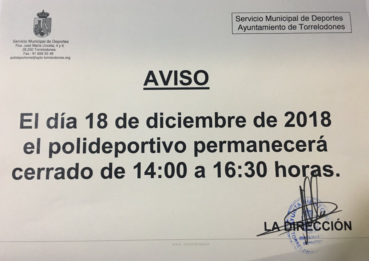 Torrelodones_Dp's tweet photo. Mañana 18 de diciembre de 2018
el polideportivo permanecerá
cerrado de 14:00 a 16:30 horas. https://t.co/4kae3RGWEn