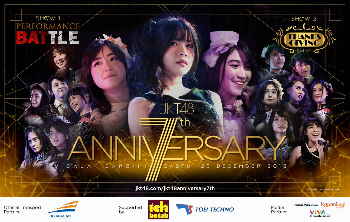 Tidak terasa JKT48 telah berusia 7 tahun, terima kasih atas ucapan dan dukungan yang telah kalian berikan! Mari kita rayakan keceriaan ini di JKT48 7th Anniversary Concert pada tanggal 22 Desember 2018 nanti!

Info lebih lanjut: jkt48.com/jkt48anniversa…
#Happy7thAnniversaryJKT48
