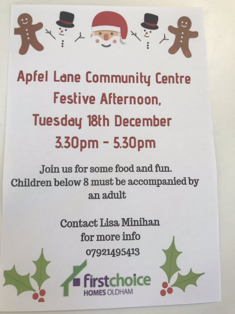 Festive afternoon tomorrow at apfel lane community room, chadderton. 3.30pm -5.30pm come and join in for some crafts and treats 🍫 <a href="/FirstForFCHO/">First Choice Homes Oldham</a>