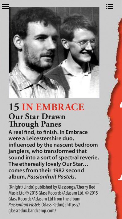 glassmodern1's tweet photo. In the latest issue of Mojo, In Embrace appear on the free CD 'Swoons', and here's what the mag had to say about them. Many thanks to Dave Henderson. @chrisseventeen @SlctrDubNarcot @DarrenCargo @nofansrecords https://t.co/bHWqWZquII