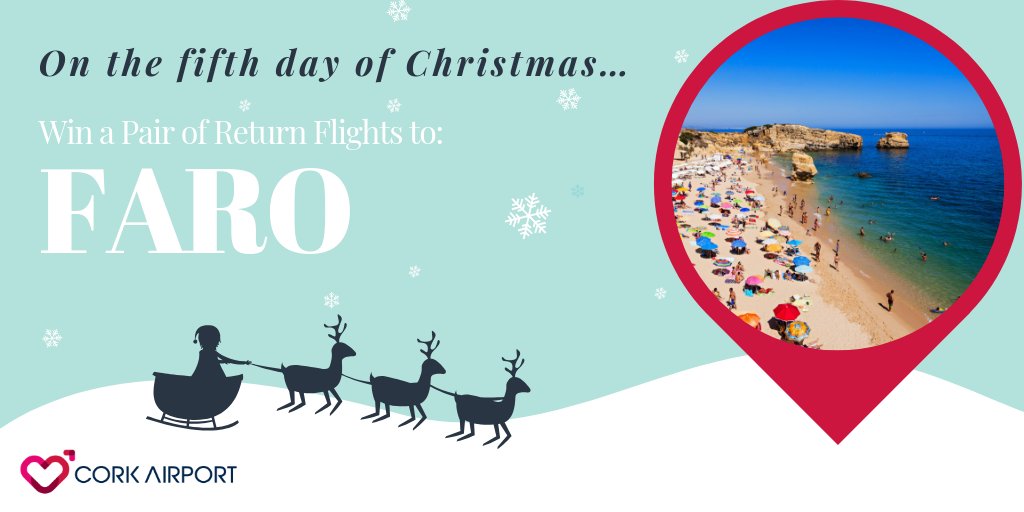 🎄✈️🎅 On the fifth day of Christmas... 🎅✈️🎄

Win a pair of return flights from <a href="/CorkAirport/">Cork Airport</a> to Faro with <a href="/Ryanair/">Ryanair</a> as part of our #12DaysOfChristmas giveaway.

To win simply 👍 Like this post, Retweet and Follow <a href="/CorkAirport/">Cork Airport</a>.

Competition T&amp;C's apply: bit.ly/2LOmoK1