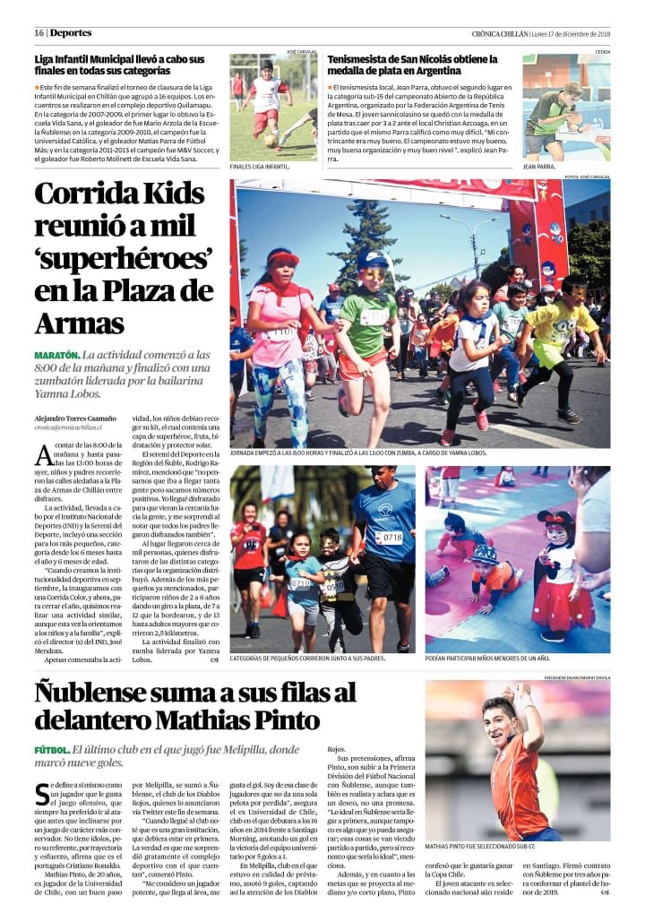 RdgoRamirez's tweet photo. Hoy Diario @CronicaChillan destaca en su edición la gran #CorridaKids impulsada por el @MindepNuble y ejecutada por el IND, seguimos avanzando y promoviendo el deporte en la #RegiónDeÑuble.
.
#chilesemueve https://t.co/q2I3SGhJOn