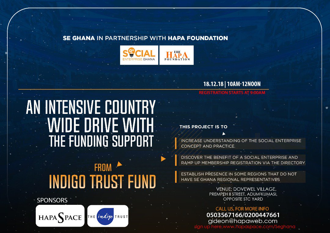 Barcampghana's tweet image. Attend the Social Entrepreneurs Country wide general assemblies in #Kumasi tomorrow.

Venue : #hapaSpace, #Adum opposite the STC bus Terminal
Time: 9am - 12noon
Fee : Free (with item 13)
Contact: 0503567166

Visit hapaspace.com/events for full details