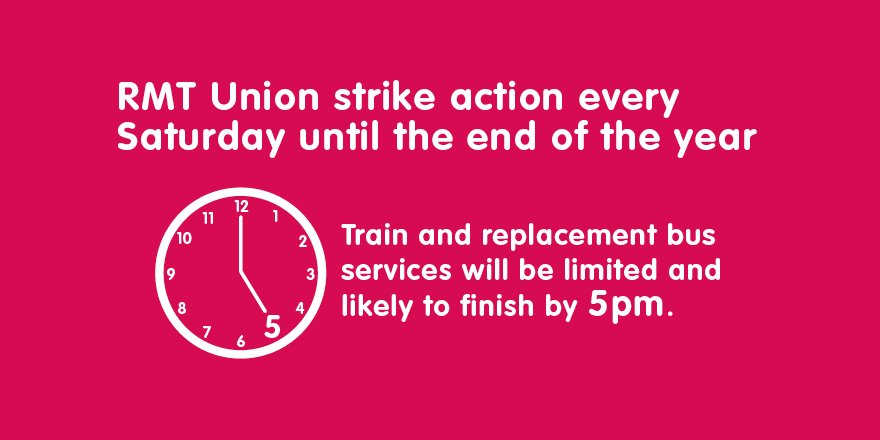 northernassist's tweet image. ⚠ RMT UNION STRIKE ACTION ⚠
Planned for every Saturday until the end of December.
Services will be limited likely to end by 5PM

You can find more details here: bit.ly/ARNStrike