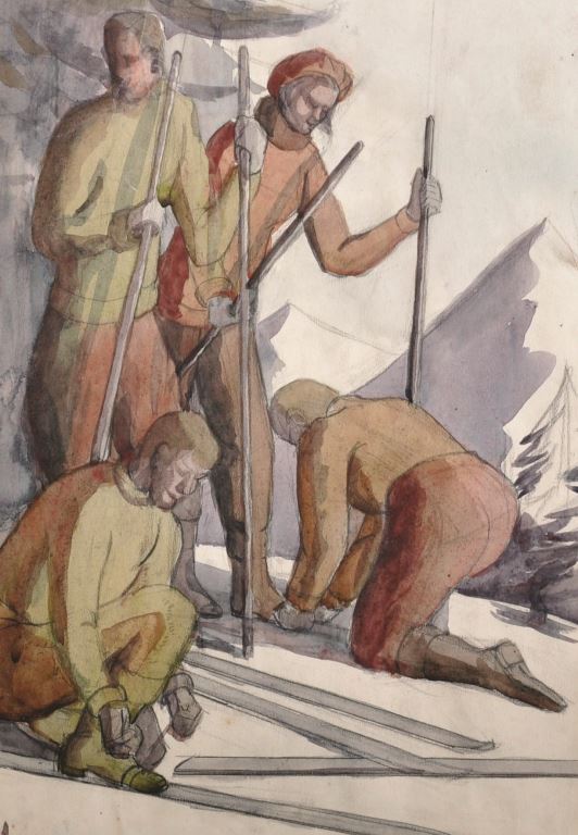 Winter wishes to you all! Why not celebrate by joining us this Wed 19th Dec to enjoy some treats like this 20th Century Continental School painting. Skiers fastening their bindings, watercolour <a href="/JNAuctioneers/">Nicholson's Auctions</a> #finepaintingsauction. Est £80-£120. Hope to see you there!