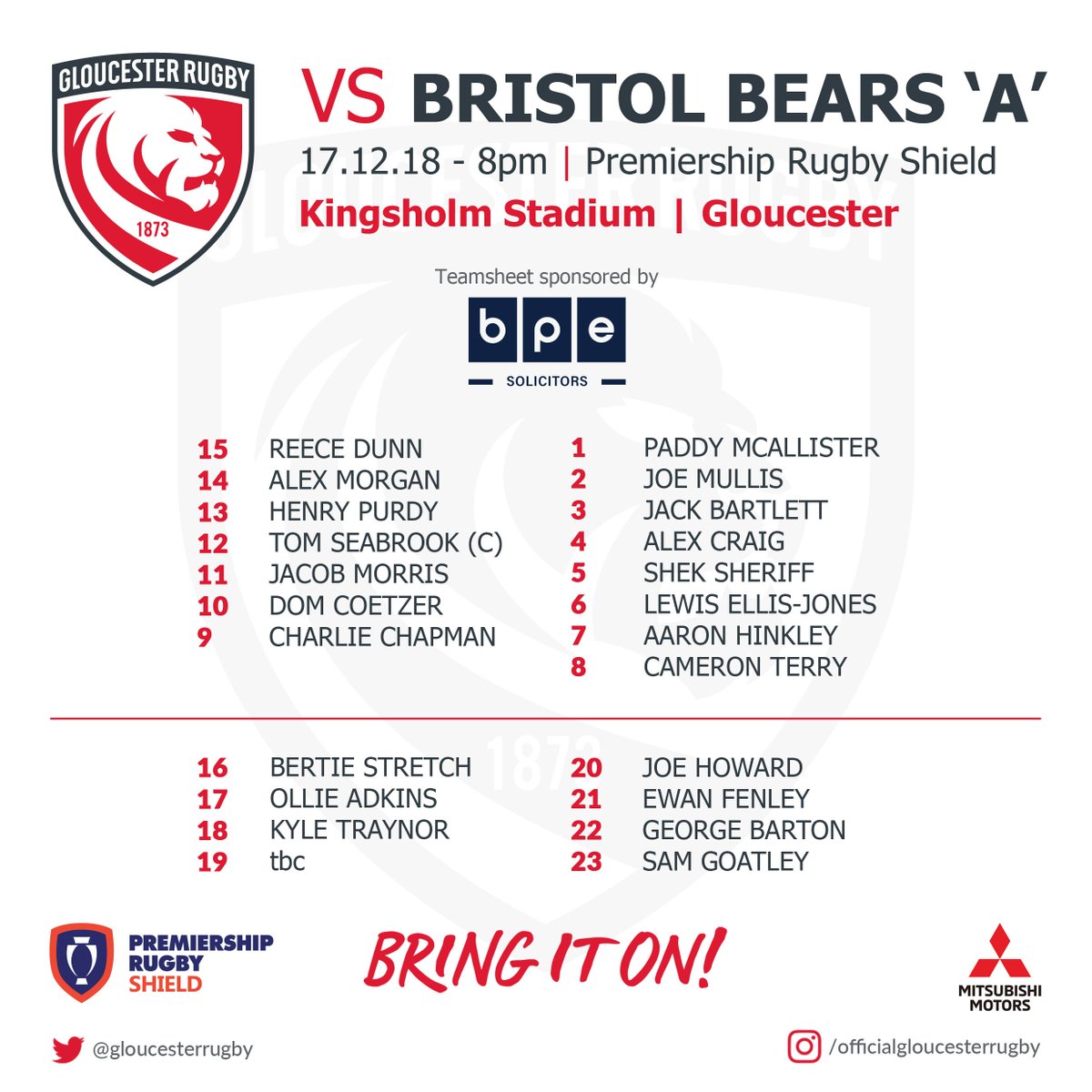 gloucesterrugby's tweet photo. 🏉 Team News 

#GlosUnited team named for tonight's #PremRugbyShield clash with Bristol Bears 'A' 

Live on @FreeSportsUK (KO 8pm) https://t.co/xWGRYL1UXU