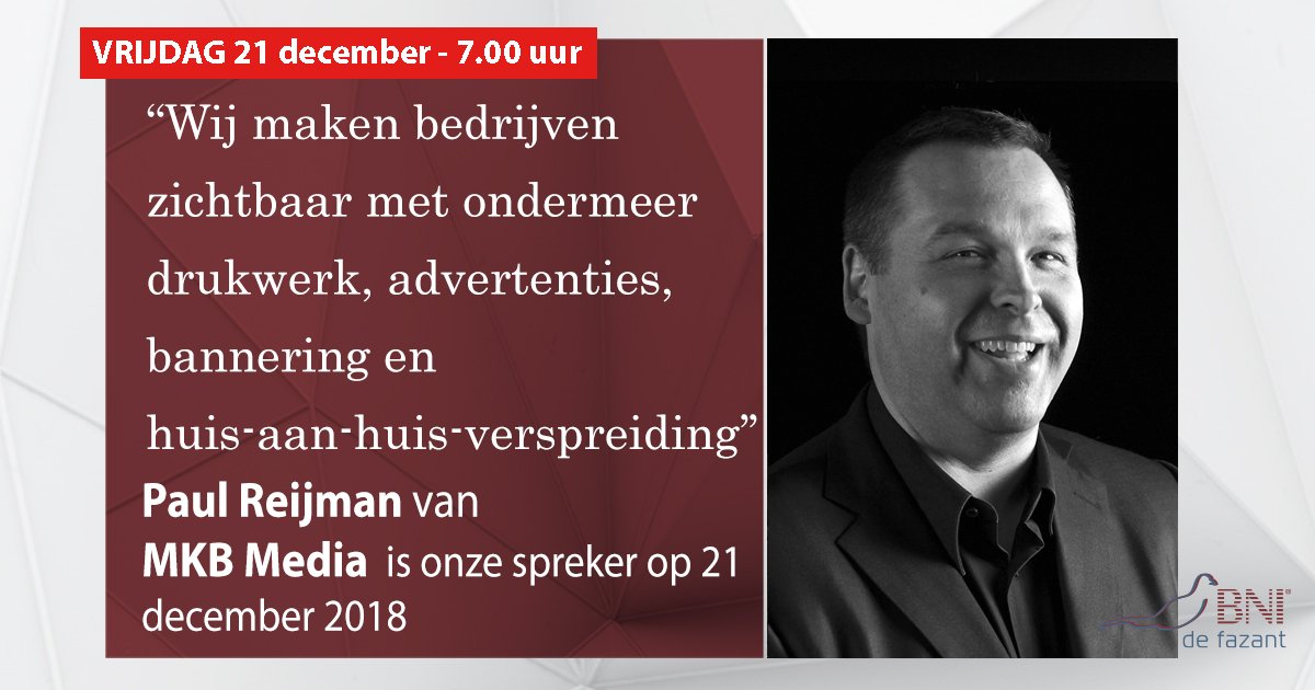 bnifazant's tweet photo. Ben je wel zichtbaar als ondernemer? Weet je klant wel dat je bestaat? Paul Reijman van MKB Media kan daar van grote betekenis zijn. Hoe? Kom vrijdagochtend naar 'm luisteren en hoor hoe het werkt. https://t.co/QODueVgmTr
#netwerkontbijt #BNI https://t.co/RrWWomh3qO