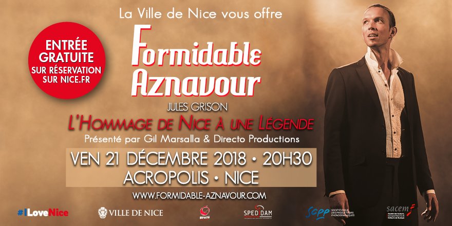 MetropoleNCA's tweet photo. Il reste encore des places pour le spectacle #FormidableAznavour, ce soir à 20h30 au Palais @AcropolisNice ! 🎟️ Si vous ne les avez pas encore récupérées gratuitement, rendez-vous sur https://t.co/PoGXI55ijW https://t.co/sfAGMoaYOr