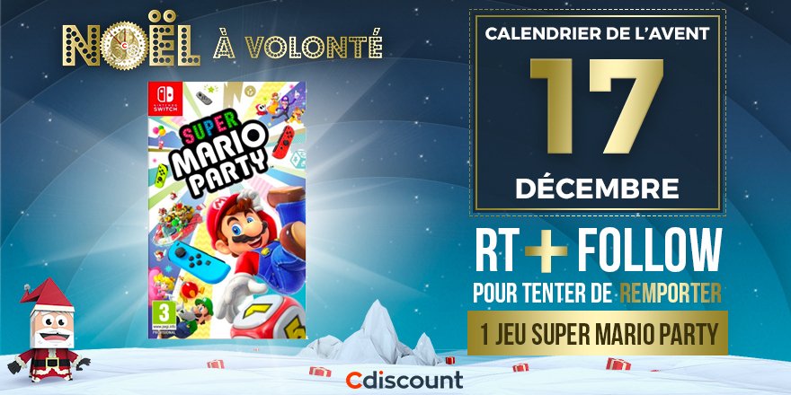 Cdiscount's tweet image. 🎁 JOUR 17

👌 À gagner pour le #CalendrierDeLAventCdiscount : 1 jeu Super Mario Party

👉 bit.ly/2PJJoKG

🔸 Pour tenter votre chance : 
RT ce tweet + Follow @Cdiscount 

☑️ TAS 21/12