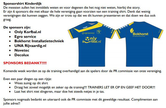 Bedankt <a href="/Onlykorfbal/">Onlykorfbal.nl</a> <a href="/Unarijvaardig/">Una rijvaardig</a> <a href="/Bokhorst_instal/">Bokhorst Installatie</a> #novetec #decolux #egroservice voor dit mooie trainingsshirt <a href="/ckckinderdijk/">CKC Kinderdijk</a> #trots #mooiresultaat #korfbal <a href="/Korfbalverbond/">KNKV</a>