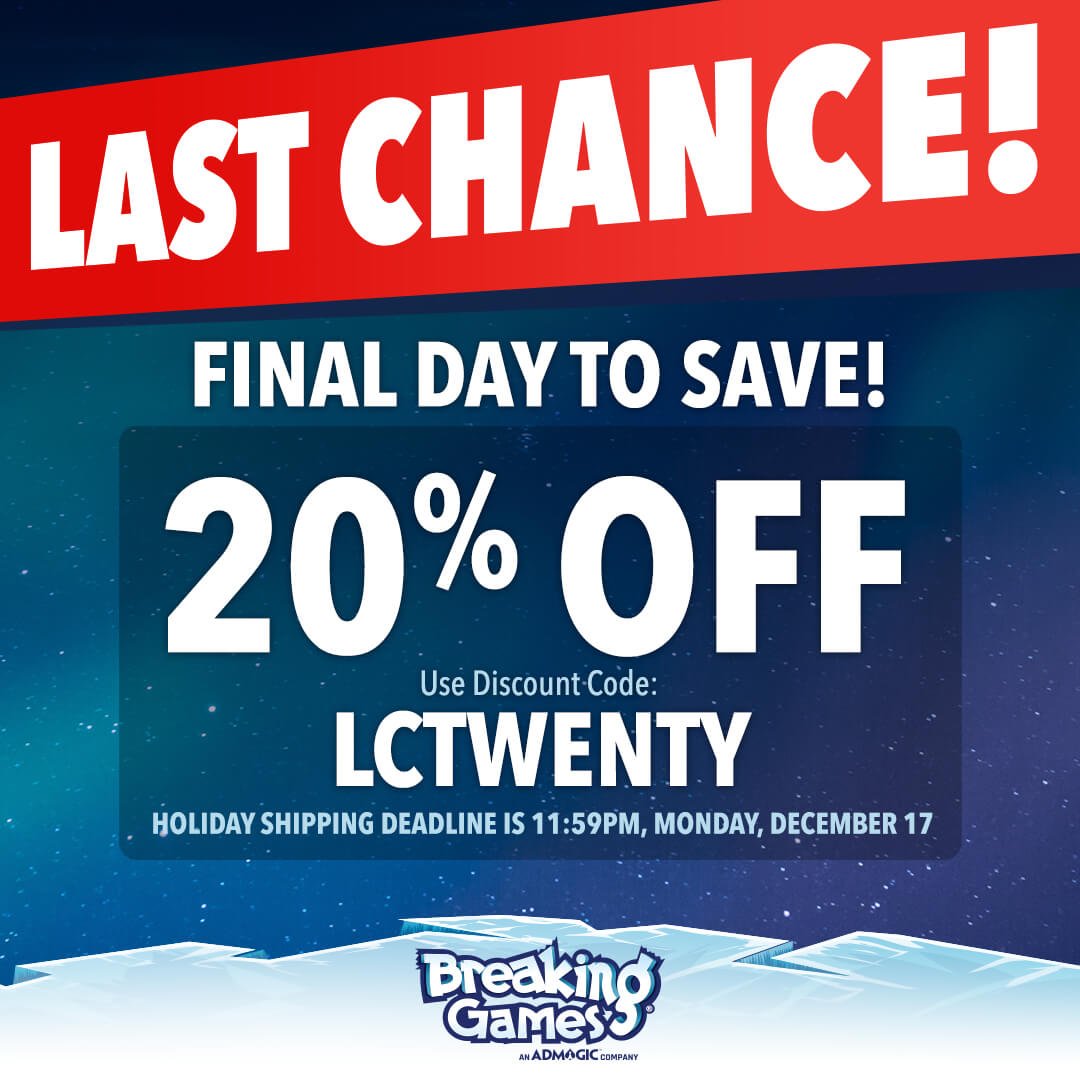 breaking_games's tweet photo. FINAL DAY TO SAVE 20%! Also the final day to get your games shipped before the holidays! Grab those last minute gifts like Sparkle*Kitty, Game of Phones, Poop, Trellis, Expancity, &amp; Rise of Tribes now at https://t.co/k0TWFSw9c7

Discount code: LCTWENTY

#gamesale #holidays https://t.co/axN87A1PaT
