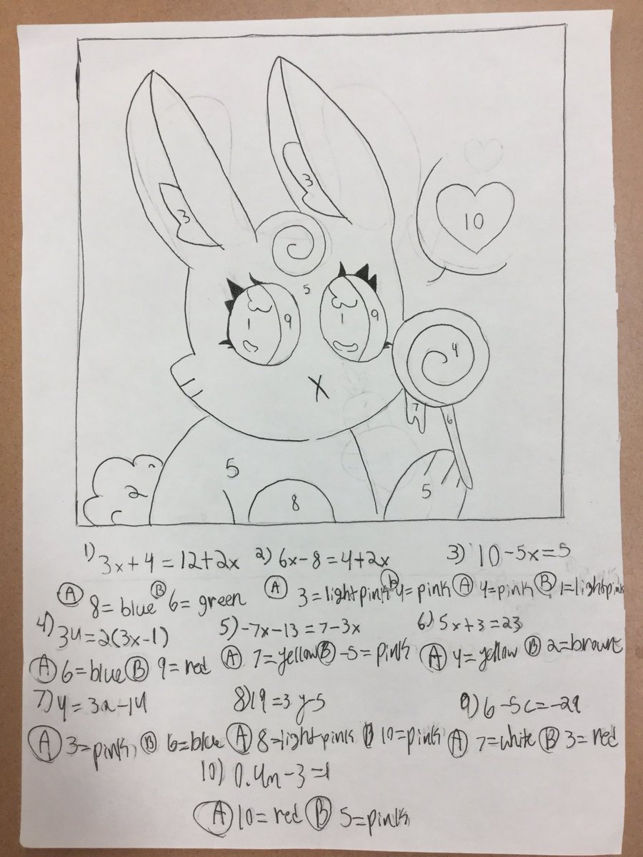ms_pellicciotti's tweet image. Here are some finished products! This is a students “Coloring Activity” which included 10 solving equation problems. Also included is a slide from one students presentation on how to solve multi step equations. #StudentWorkSamples #StudentChoice #iTeachMath