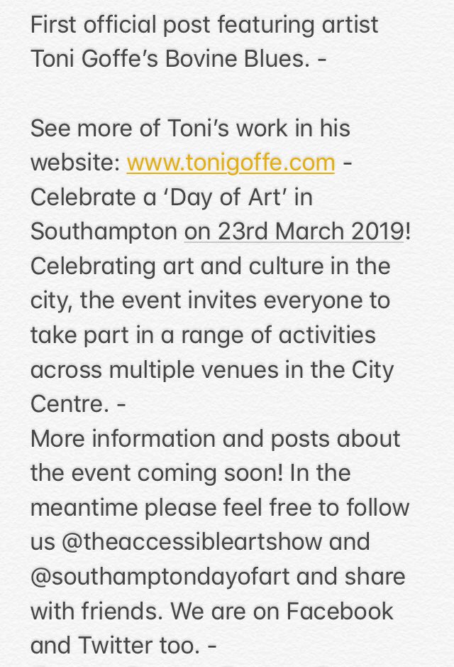 artshow2019's tweet photo. Southampton ‘Day of Art’ and The Accessible Art Show coming #23rdMarch2019 featuring @ToniGoffe Bovine Blues. #sdoa #sdoa19 #theaccessibleartshow #southampton #community #exhibition #day #events #followus #info #comimg #soon #2019 #artculture https://t.co/GUlqfoBt53