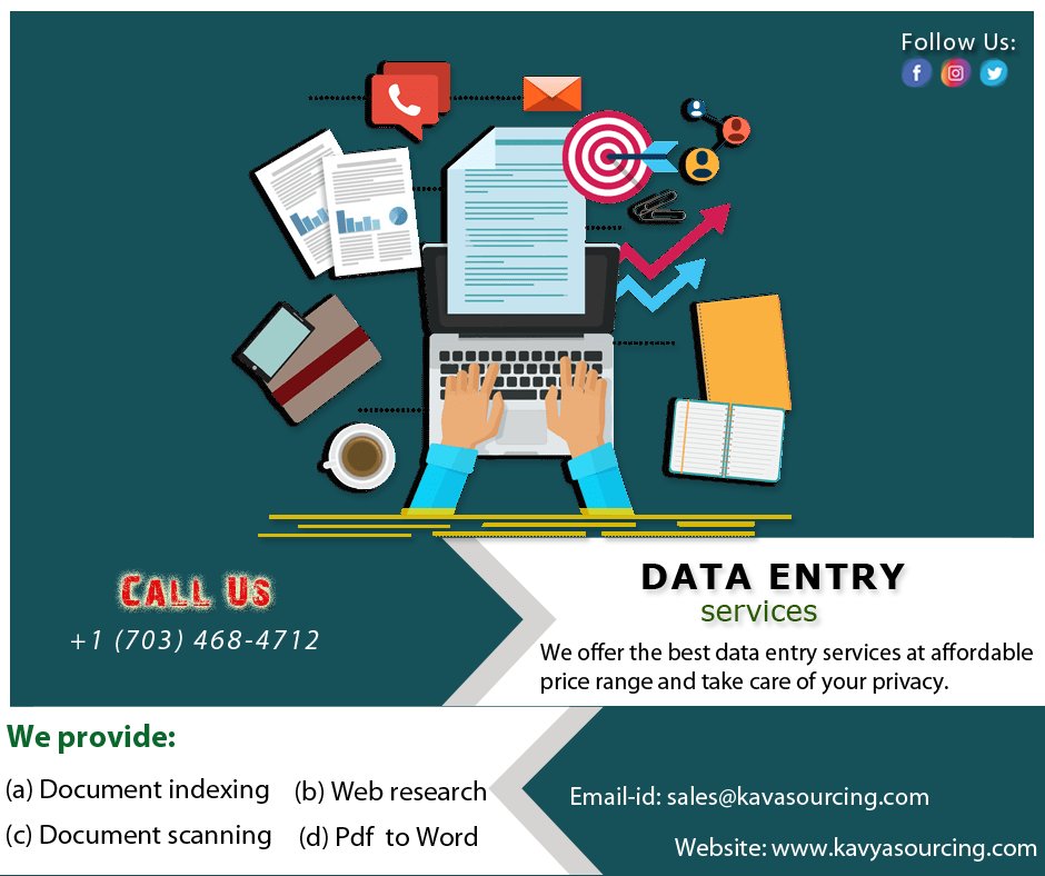 kavya_sourcing's tweet image. We offer the best data entry services at affordable price range and take care of your privacy.
#dataentry #documentindexing #documentmanagement 
For more information:
Email-id: sales@kavyasourcing.com
Call: +91 (879) 350-1634 | +1 (703)468-4712