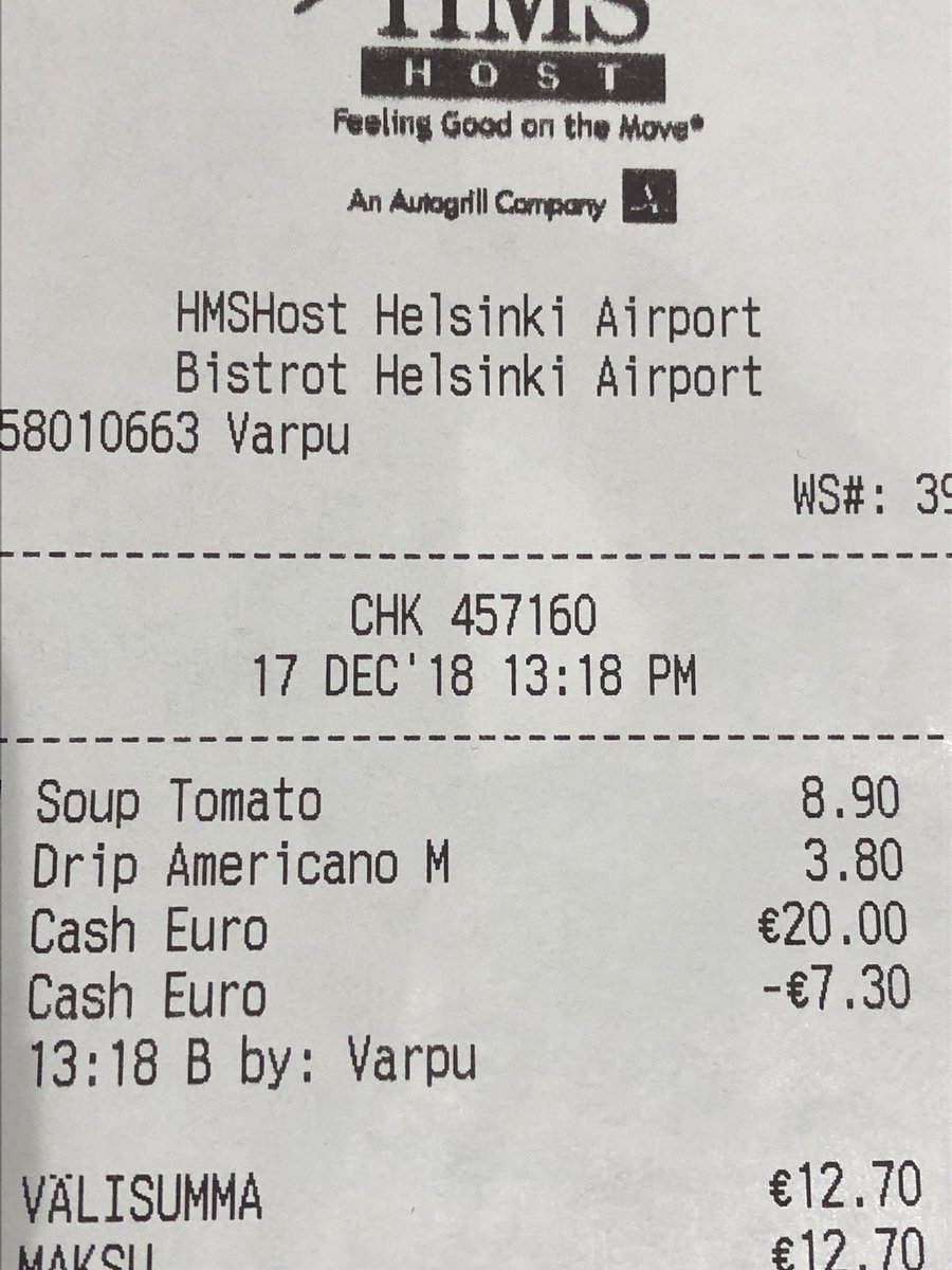 MariJokinen's tweet photo. Erinomainen tomaattikeitto, hyvää lisämyyntiä, mutta riistohintainen kahvi lounaan yhteydessä. #finavia #helsinkiairport #hms https://t.co/mAKRYAm9hs