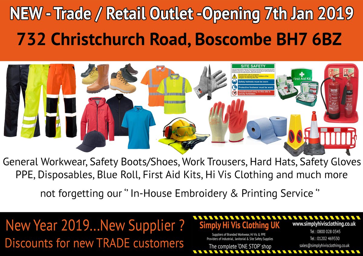 Exciting Times - Jan 2019 New shop opening in #boscombe #bournemouth supplying #safetyshoes #safetyboots #hivis #workwear #PPE #trousers #jackets #embroidery #printed Contact us for details - discounts for new #trade accounts - New Year - New Supplier ?